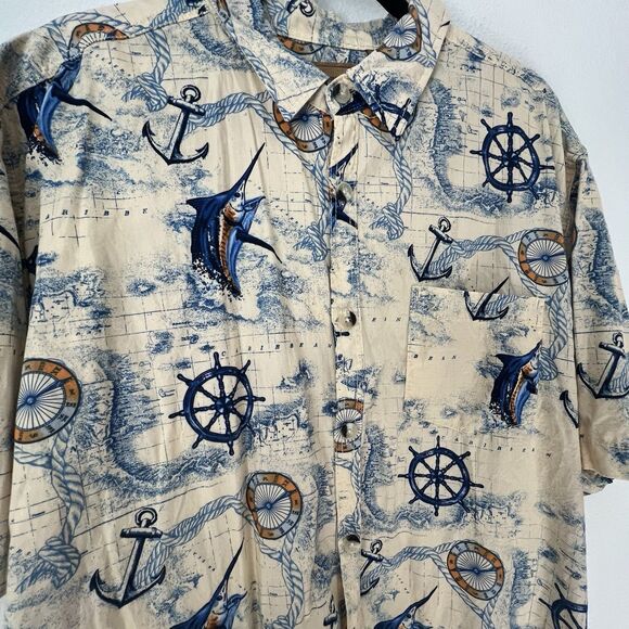Clearwater Outfitters Mens Xl Beige/Blue nautical Button Down Short Sleeve Shirt - Picture 3 of 7